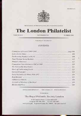 Literature - London Philatelist Vol 110 Number 1290 dated November 2001 - with articles relating to Natal, Connecticut Cancels, German & Seychelles, stamps on 