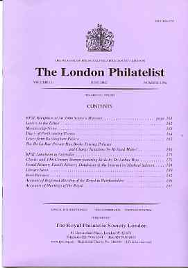 Literature - London Philatelist Vol 110 Number 1296 dated June 2002 - with articles relating to De La Rue Day Books & Birds (Thematic), stamps on , stamps on  stamps on literature - london philatelist vol 110 number 1296 dated june 2002 - with articles relating to de la rue day books & birds (thematic)