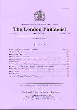 Literature - London Philatelist Vol 110 Number 1298 dated September 2002 - with articles relating to Hong Kong & Sudan, stamps on , stamps on  stamps on literature - london philatelist vol 110 number 1298 dated september 2002 - with articles relating to hong kong & sudan