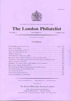 Literature - London Philatelist Vol 110 Number 1300 dated November 2002 - with articles relating to Mauritius, Brazil, Denmark & De Worms, stamps on , stamps on  stamps on literature - london philatelist vol 110 number 1300 dated november 2002 - with articles relating to mauritius, stamps on  stamps on  brazil, stamps on  stamps on  denmark & de worms