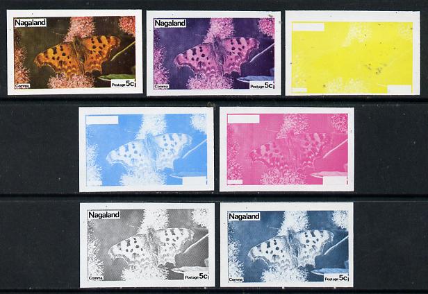 Nagaland 1974 Butterflies 5c (Comma) set of 7 imperf progressive colour proofs comprising the 4 individual colours plus 2, 3 and all 4-colour composites unmounted mint, stamps on butterflies