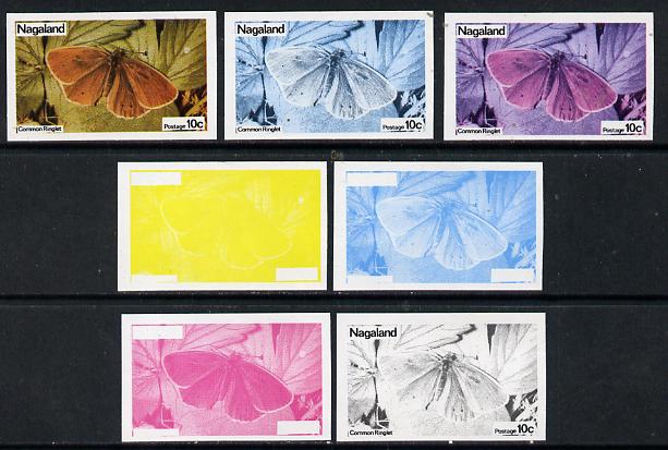 Nagaland 1974 Butterflies 10c (Common Ringlet) set of 7 imperf progressive colour proofs comprising the 4 individual colours plus 2, 3 and all 4-colour composites unmounted mint, stamps on butterflies