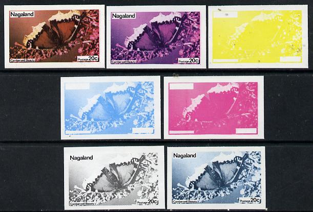 Nagaland 1974 Butterflies 20c (Camberwell Beauty) set of 7 imperf progressive colour proofs comprising the 4 individual colours plus 2, 3 and all 4-colour composites unmo..., stamps on butterflies