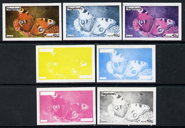 Nagaland 1974 Butterflies 40c (Peacock) set of 7 imperf progressive colour proofs comprising the 4 individual colours plus 2, 3 and all 4-colour composites unmounted mint, stamps on butterflies