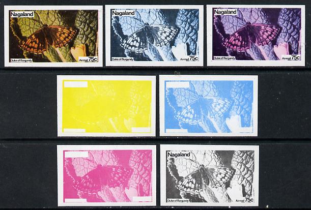 Nagaland 1974 Butterflies 75c (Duke of Burgundy) set of 7 imperf progressive colour proofs comprising the 4 individual colours plus 2, 3 and all 4-colour composites unmounted mint, stamps on butterflies
