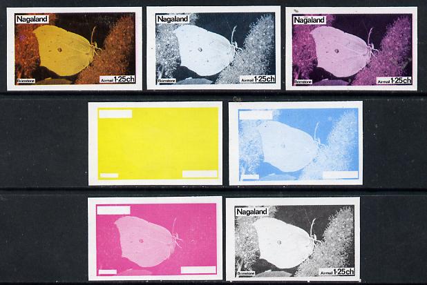 Nagaland 1974 Butterflies 1.25Ch (Brimstone) set of 7 imperf progressive colour proofs comprising the 4 individual colours plus 2, 3 and all 4-colour composites unmounted mint, stamps on butterflies