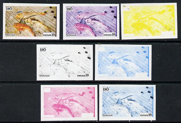 Iso - Sweden 1973 Fish 10 (Tub Gurnard) set of 7 imperf progressive colour proofs comprising the 4 individual colours plus 2, 3 and all 4-colour composites unmounted mint, stamps on , stamps on  stamps on fish     marine-life, stamps on  stamps on  iso , stamps on  stamps on 