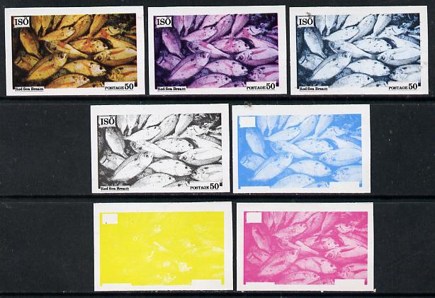 Iso - Sweden 1973 Fish 50 (Red Sea Bream) set of 7 imperf progressive colour proofs comprising the 4 individual colours plus 2, 3 and all 4-colour composites unmounted mint, stamps on , stamps on  stamps on fish     marine-life, stamps on  stamps on  iso , stamps on  stamps on 