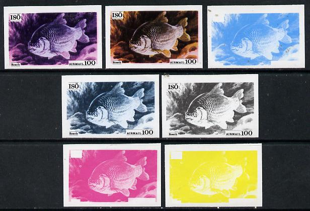 Iso - Sweden 1973 Fish 100 (Roach) set of 7 imperf progressive colour proofs comprising the 4 individual colours plus 2, 3 and all 4-colour composites unmounted mint, stamps on , stamps on  stamps on fish     marine-life, stamps on  stamps on  iso , stamps on  stamps on 