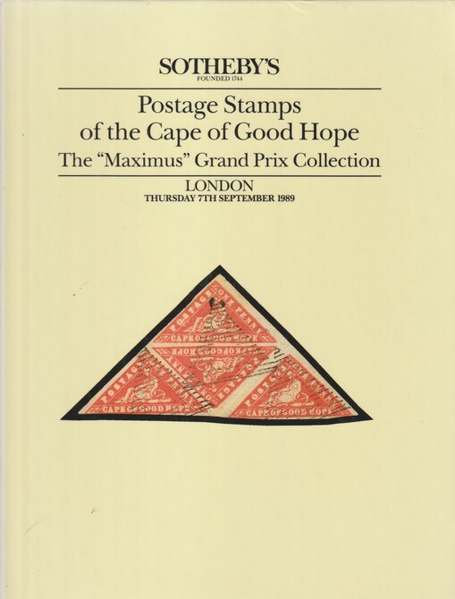 Auction Catalogue - Cape of Good Hope - The Maximus collection - Sothebys7 Sept 1989 - Hard back complete with prices realised - UK buyers only please., stamps on cape of good hope