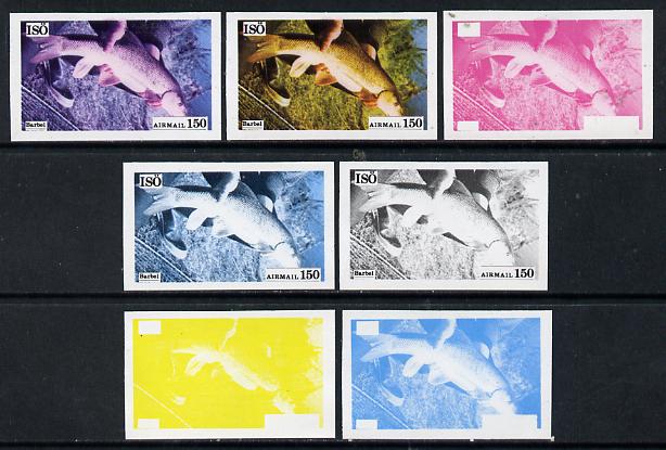 Iso - Sweden 1973 Fish 150 (Barbel) set of 7 imperf progressive colour proofs comprising the 4 individual colours plus 2, 3 and all 4-colour composites unmounted mint, stamps on , stamps on  stamps on fish     marine-life, stamps on  stamps on  iso , stamps on  stamps on 