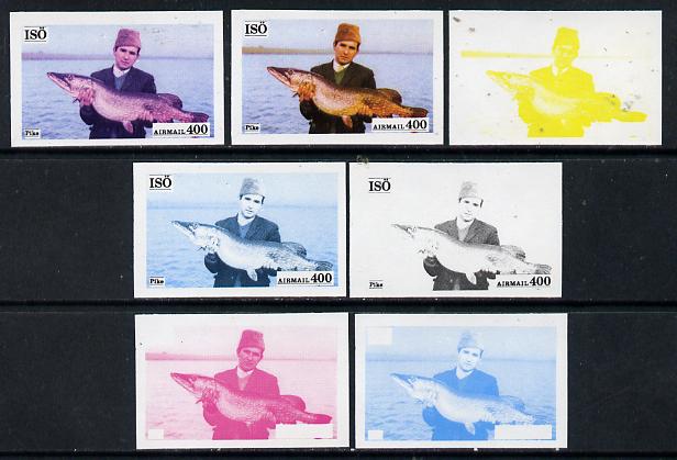 Iso - Sweden 1973 Fish 400 (Pike) set of 7 imperf progressive colour proofs comprising the 4 individual colours plus 2, 3 and all 4-colour composites unmounted mint, stamps on , stamps on  stamps on fish     marine-life, stamps on  stamps on  iso , stamps on  stamps on 