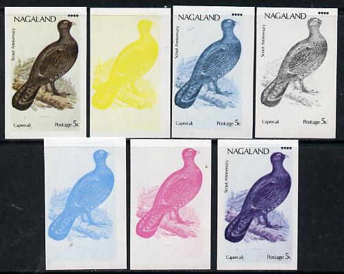 Nagaland 1974 Birds (with Scout Emblems) 5c (Capercaillie) set of 7 imperf progressive colour proofs comprising the 4 individual colours plus 2, 3 and all 4-colour composites unmounted mint, stamps on , stamps on  stamps on birds, stamps on game, stamps on scouts