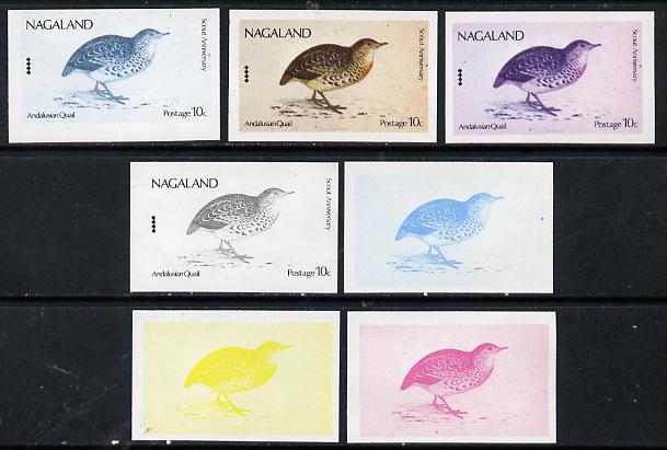 Nagaland 1974 Birds (with Scout Emblems) 10c (Quail) set of 7 imperf progressive colour proofs comprising the 4 individual colours plus 2, 3 and all 4-colour composites u..., stamps on birds      scouts     game