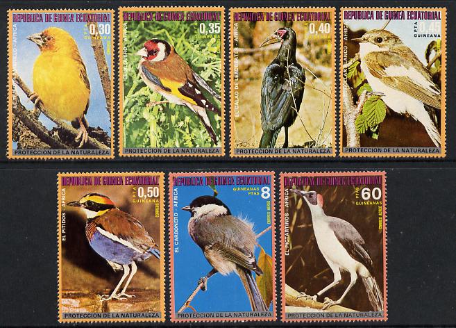 Equatorial Guinea 1976 African Birds perf set of 7 unmounted mint, Mi 989-995A , stamps on , stamps on  stamps on birds    weaver    goldfinch    hornbill    flycatcher    willow tit    crow  