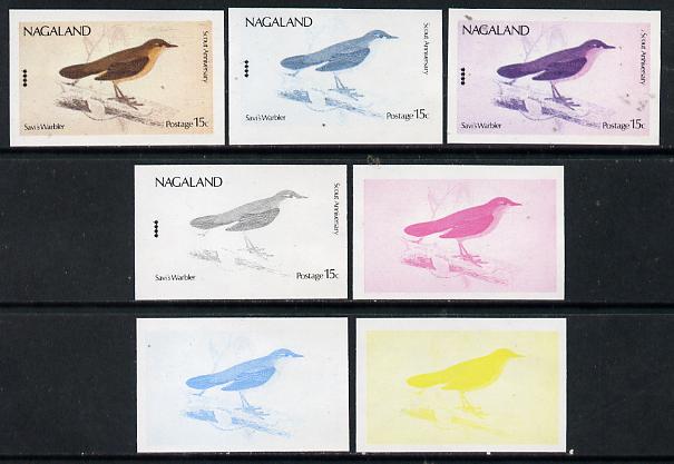 Nagaland 1974 Birds (with Scout Emblems) 15c (Warbler) set of 7 imperf progressive colour proofs comprising the 4 individual colours plus 2, 3 and all 4-colour composites unmounted mint, stamps on birds      scouts