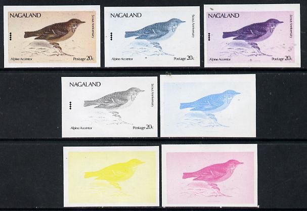 Nagaland 1974 Birds (with Scout Emblems) 20c (Alpine Accenter) set of 7 imperf progressive colour proofs comprising the 4 individual colours plus 2, 3 and all 4-colour co..., stamps on birds      scouts