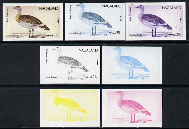 Nagaland 1974 Birds (with Scout Emblems) 25c (Great Bustard) set of 7 imperf progressive colour proofs comprising the 4 individual colours plus 2, 3 and all 4-colour comp..., stamps on birds      scouts