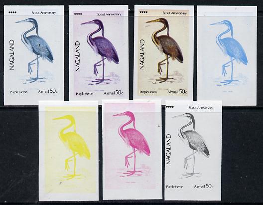 Nagaland 1974 Birds (with Scout Emblems) 50c (Purple Heron) set of 7 imperf progressive colour proofs comprising the 4 individual colours plus 2, 3 and all 4-colour composites unmounted mint, stamps on birds      scouts   heron
