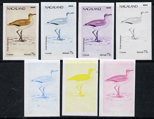 Nagaland 1974 Birds (with Scout Emblems) 75c (Courser) set of 7 imperf progressive colour proofs comprising the 4 individual colours plus 2, 3 and all 4-colour composites..., stamps on birds      scouts