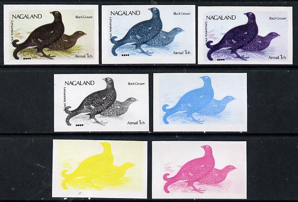 Nagaland 1974 Birds (with Scout Emblems) 1ch (Black Grouse) set of 7 imperf progressive colour proofs comprising the 4 individual colours plus 2, 3 and all 4-colour compo..., stamps on birds      scouts