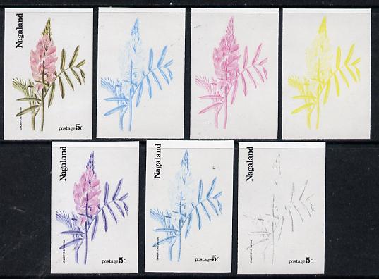 Nagaland 1974 Flowers 5c (Onobrychis Sativiva) set of 7 imperf progressive colour proofs comprising the 4 individual colours plus 2, 3 and all 4-colour composites unmounted mint, stamps on flowers
