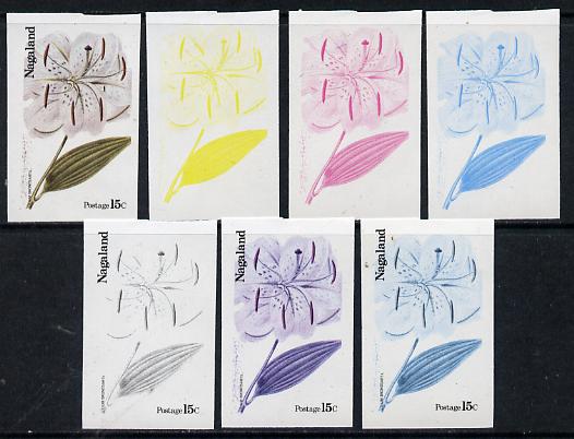 Nagaland 1974 Flowers 15c (Lilium Brondsartii) set of 7 imperf progressive colour proofs comprising the 4 individual colours plus 2, 3 and all 4-colour composites unmounted mint, stamps on flowers