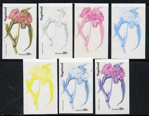 Nagaland 1974 Flowers 25c (Tradescantia Virginia) set of 7 imperf progressive colour proofs comprising the 4 individual colours plus 2, 3 and all 4-colour composites unmounted mint, stamps on , stamps on  stamps on flowers