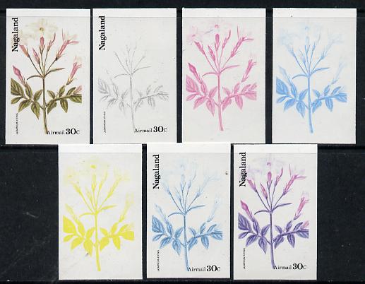 Nagaland 1974 Flowers 30c (Jasminium Affinis) set of 7 imperf progressive colour proofs comprising the 4 individual colours plus 2, 3 and all 4-colour composites unmounted mint, stamps on flowers
