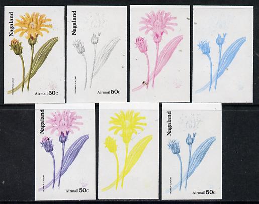 Nagaland 1974 Flowers 50c (Troximon Glaucum) set of 7 imperf progressive colour proofs comprising the 4 individual colours plus 2, 3 and all 4-colour composites unmounted mint, stamps on flowers