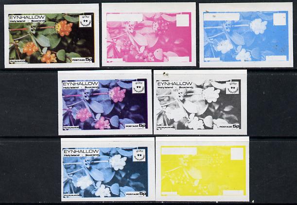 Eynhallow 1974 Fruit (Scout Anniversary) 5p (Honeysuckle) set of 7 imperf progressive colour proofs comprising the 4 individual colours plus 2, 3 and all 4-colour composi...