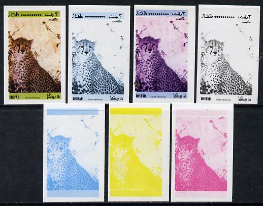 Dhufar 1974 Scout Anniversary (Wildlife) 3b (Cheetah) set of 7 imperf progressive colour proofs comprising the 4 individual colours plus 2, 3 and all 4-colour composites ..., stamps on annimals     cats    scouts