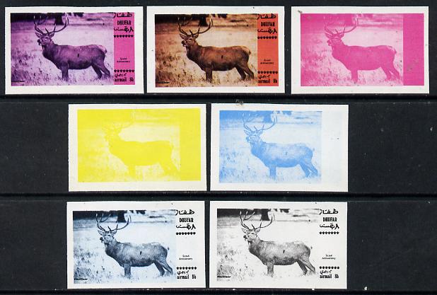 Dhufar 1974 Scout Anniversary (Wildlife) 8b (Red Deer) set of 7 imperf progressive colour proofs comprising the 4 individual colours plus 2, 3 and all 4-colour composites..., stamps on annimals    deer    scouts