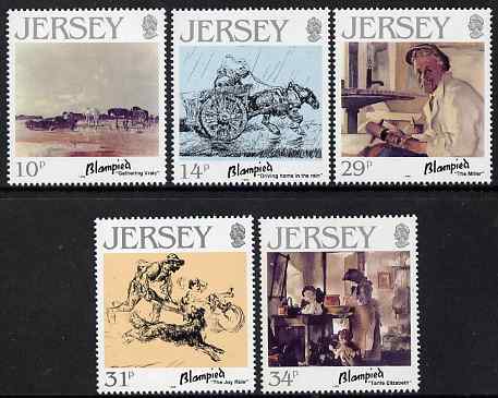 Jersey 1986 Birth Cent of Edmund Blampied (artist) set of 5 unmounted mint, SG 397-401, stamps on , stamps on  stamps on arts, stamps on  stamps on horses, stamps on  stamps on 