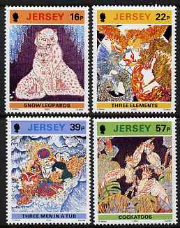 Jersey 1992 Batik Designs set of 4 unmounted mint, SG 587-90, stamps on textiles, stamps on batik, stamps on birds, stamps on parrots, stamps on animals, stamps on leopard, stamps on dragons