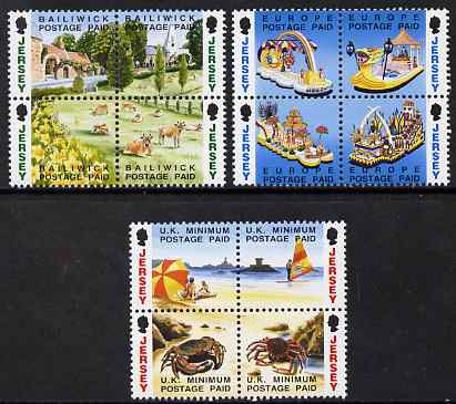 Jersey 1993 Booklet Stamps - NVI stamps in 3 x se-tenant blocks of 4 (12 values) unmounted mint, SG 601-12, stamps on , stamps on  stamps on flowers, stamps on  stamps on animals, stamps on  stamps on bovine, stamps on  stamps on agriculture, stamps on  stamps on marine life, stamps on  stamps on lighthouses, stamps on  stamps on 