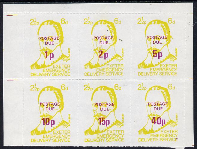 Cinderella - Great Britain 1971 Exeter Emergency Delivery Service 2.5p-6d labels depicting Gilbert set of 6 opt'd Postage Due 1p to 40p unmounted mint, stamps on explorers, stamps on cinderella, stamps on strike