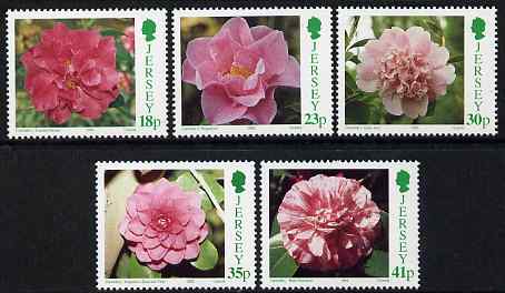 Jersey 1995 Camelias set of 5 unmounted mint, SG 693-97, stamps on , stamps on  stamps on flowers, stamps on  stamps on camelias