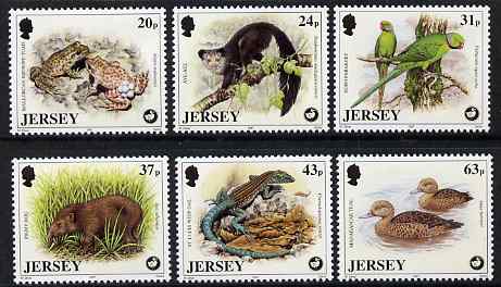 Jersey 1997 Wildlife Preservation Trust (6th series) set of 6 unmounted mint SG 824-29, stamps on , stamps on  stamps on animals, stamps on  stamps on pigs, stamps on  stamps on birds, stamps on  stamps on parrots, stamps on  stamps on ducks, stamps on  stamps on reptiles, stamps on  stamps on frogs