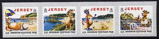 Jersey 1999 Tourism - 'Lillie the Cow' se-tenant strip of 4 self-adhesive NVI stamps with copyright symbol after date, unmounted mint SG 770a-73a, stamps on , stamps on  stamps on animals, stamps on  stamps on bovine, stamps on  stamps on cows, stamps on  stamps on self-adhesive