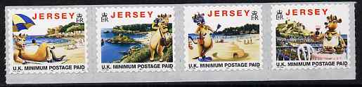 Jersey 1997 Tourism - Lillie the Cow se-tenant strip of 4 self-adhesive NVI stamps without copyright symbol after date, unmounted mint SG 770-73, stamps on animals, stamps on bovine, stamps on cows, stamps on self-adhesive