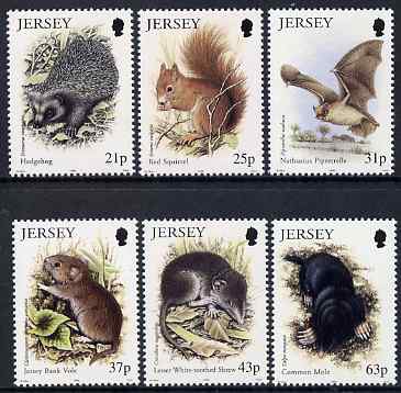 Jersey 1999 Small Mammals set of 6 unmounted mint, SG 911-16, stamps on , stamps on  stamps on animals, stamps on  stamps on hedgehogs, stamps on  stamps on squirrels, stamps on  stamps on mole, stamps on  stamps on vole, stamps on  stamps on shrew, stamps on  stamps on bats