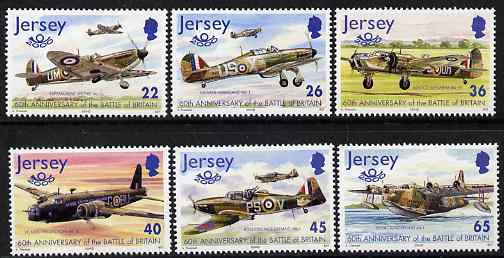 Jersey 2000 60th Anniversary of Battle of Britain set of 6 unmounted mint, SG 962-67, stamps on aviation, stamps on spitfire, stamps on hurricane, stamps on wellington, stamps on short sunderland, stamps on  ww2 , stamps on 