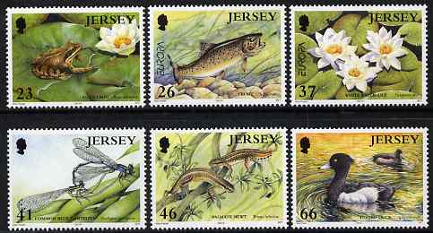 Jersey 2001 Europa - Water, a Natural Treasure - Pond Life set of 6 unmounted mint, SG 991-96, stamps on europa, stamps on reptiles, stamps on birds, stamps on ducks, stamps on flowers, stamps on insects