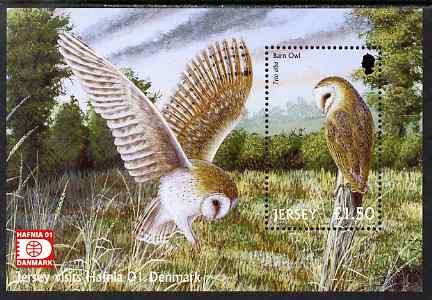 Jersey 2001 Birds of Prey perf m/sheet for 'Hafnia 01' Stamp Exhibition unmounted mint, SG MS1013, stamps on birds, stamps on birds of prey, stamps on owls, stamps on stamp exhibitions