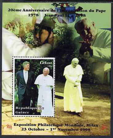 Guinea - Conakry 1998 Pope John Paul II - 20th Anniversary of Pontificate perf s/sheet #12 unmounted mint. Note this item is privately produced and is offered purely on its thematic appeal - please note: due to the method of perforating, a tiny guide hole appears in the top of this s/sheet, stamps on , stamps on  stamps on personalities, stamps on  stamps on religion, stamps on  stamps on pope, stamps on  stamps on 