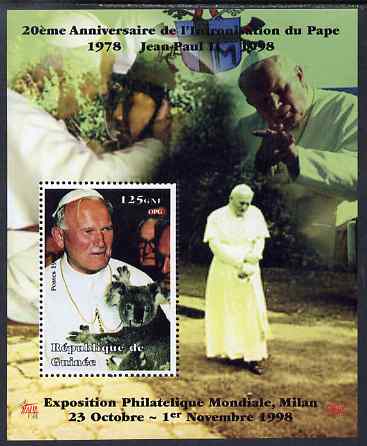 Guinea - Conakry 1998 Pope John Paul II - 20th Anniversary of Pontificate perf s/sheet #16 unmounted mint. Note this item is privately produced and is offered purely on its thematic appeal - please note: due to the method of perforating, a tiny guide hole appears in the top of this s/sheet, stamps on , stamps on  stamps on personalities, stamps on  stamps on religion, stamps on  stamps on pope, stamps on  stamps on 