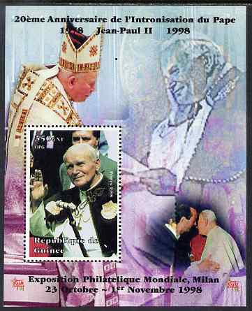Guinea - Conakry 1998 Pope John Paul II - 20th Anniversary of Pontificate perf s/sheet #17 unmounted mint. Note this item is privately produced and is offered purely on its thematic appeal - please note: due to the method of perforating, a tiny guide hole appears in the top of this s/sheet, stamps on personalities, stamps on religion, stamps on pope, stamps on 