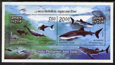 India & Philippines 2009 Joint Issue - Whales & Dolphins perf m/sheet containing 2 values unmounted mint , stamps on , stamps on  stamps on whales, stamps on  stamps on dolphins.marine life