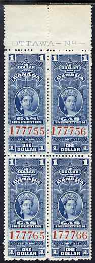 Canada 1897 Revenue QV $1 Gas Inspection block of 4 with OTTAWA No. imprint unmounted mint, stamps on , stamps on  stamps on revenue, stamps on  stamps on cinderella, stamps on  stamps on  qv , stamps on  stamps on energy